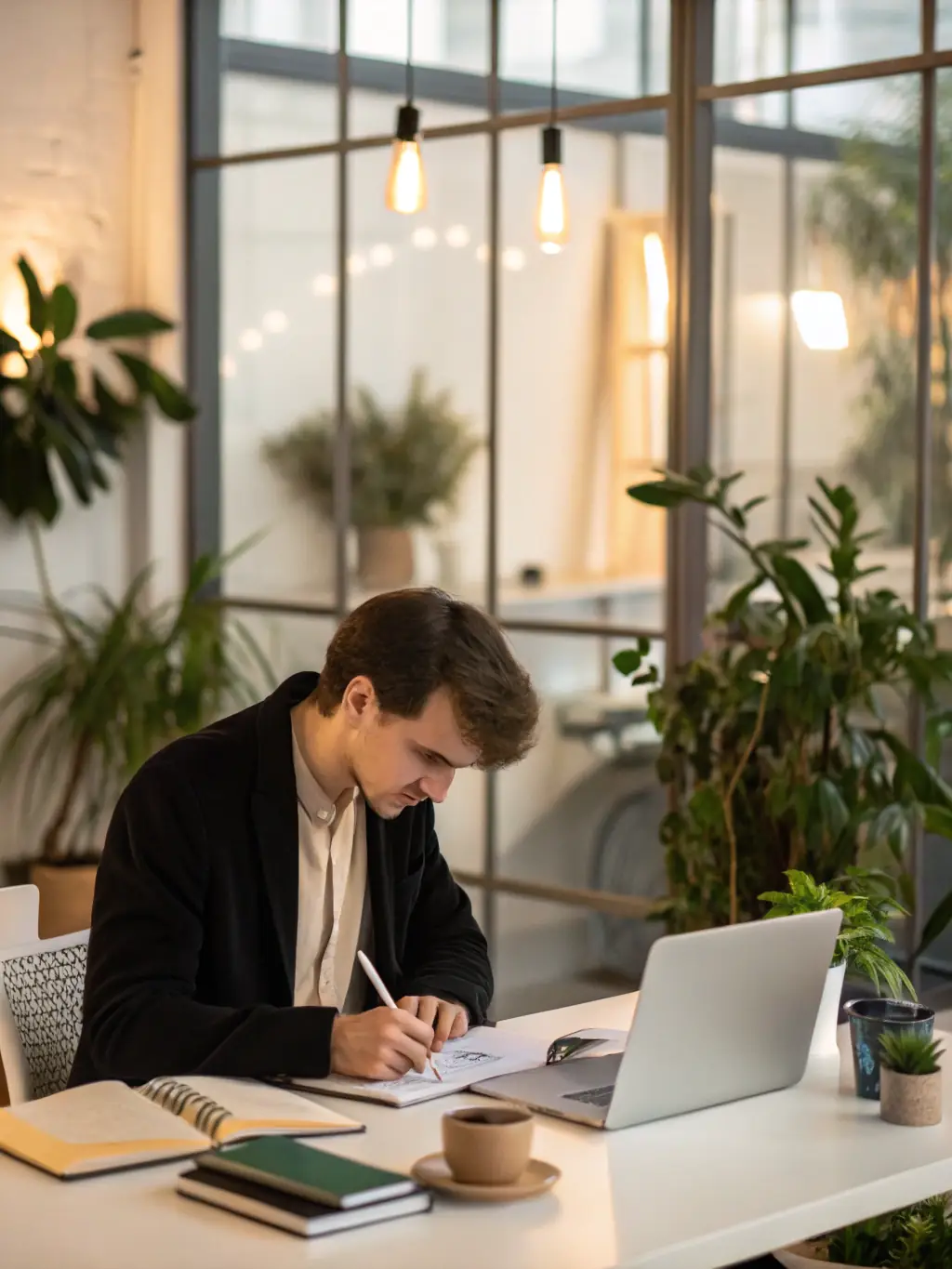 A focused individual working diligently at their desk, representing the performance improvement coaching services offered by ApexUK.