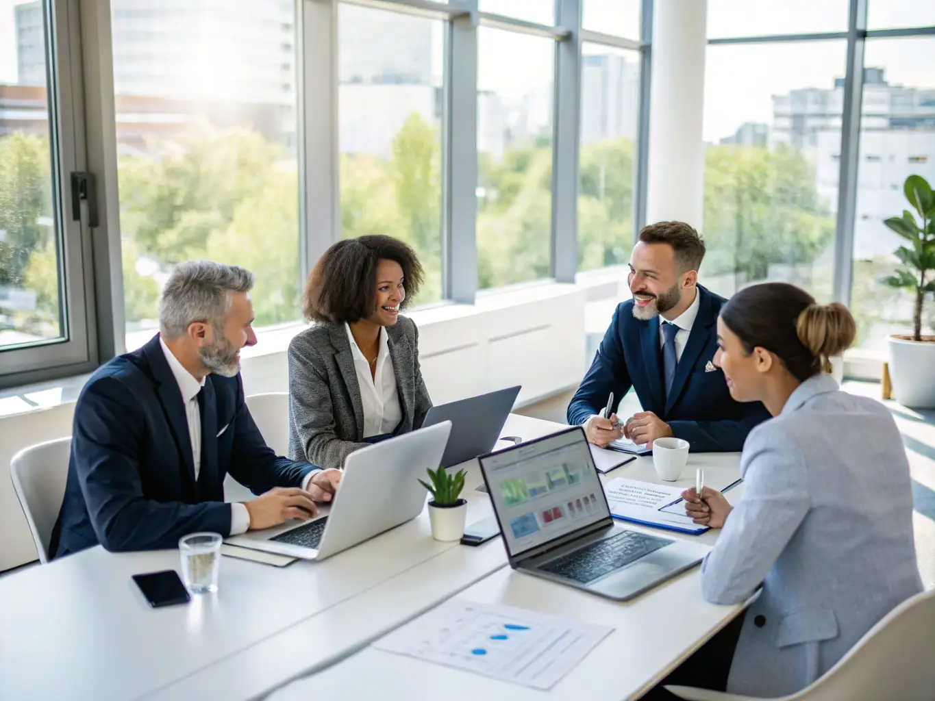 A team of professionals collaborating around a table, reviewing performance metrics and strategies, representing ApexUK's Performance Improvement Coaching.