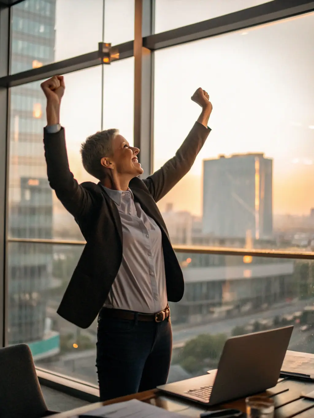 A successful business owner celebrating a milestone achievement, showcasing the positive outcomes of ApexUK's coaching services.