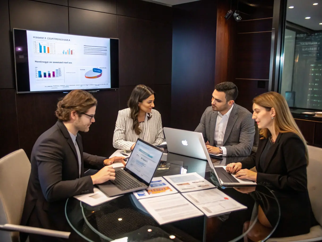 An image depicting a strategic planning session in a modern office, with charts and graphs illustrating business growth and market analysis, symbolizing ApexUK's strategic approach.