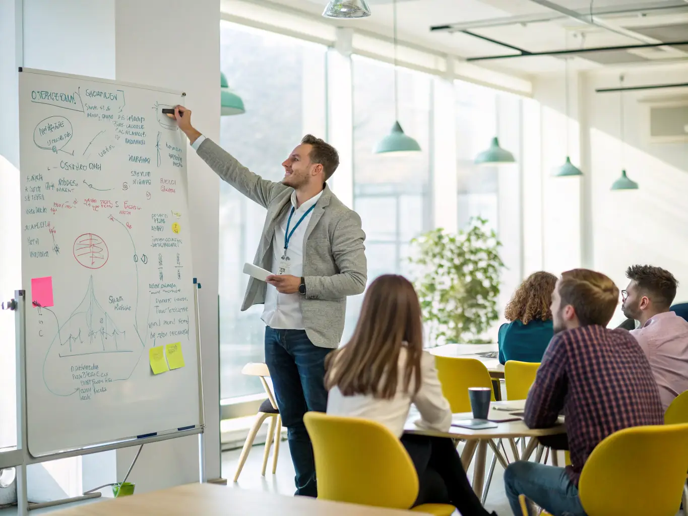 A facilitator leading a group of business owners through a strategic planning session with charts and plans displayed, illustrating ApexUK's Strategic Planning Workshops.
