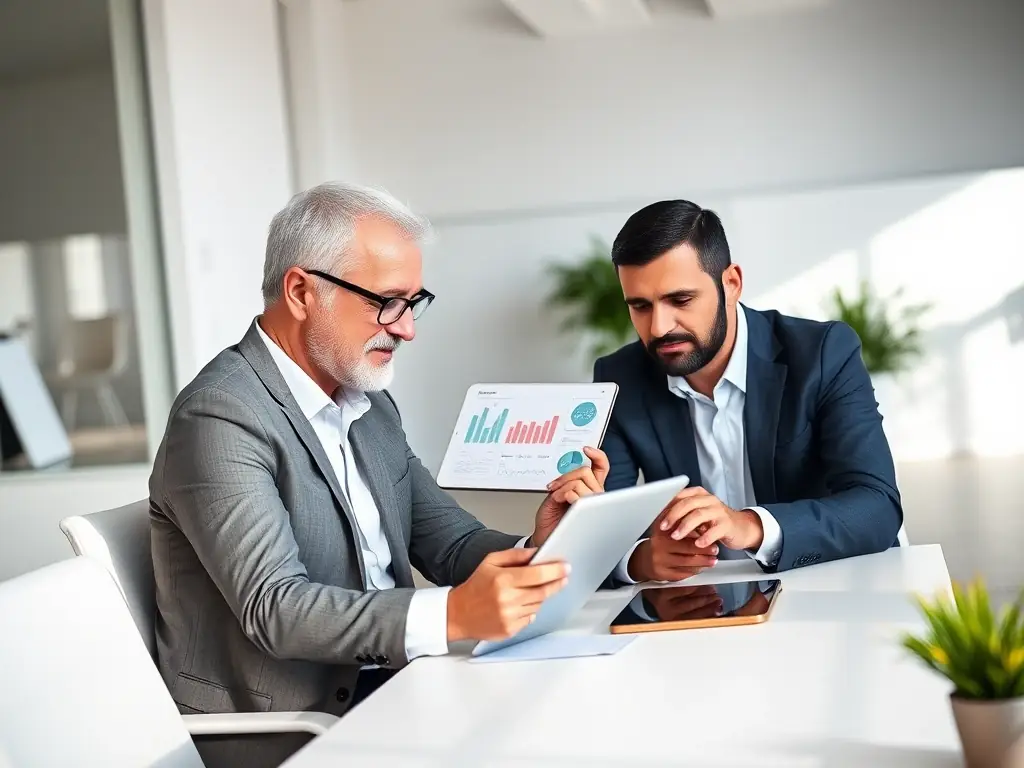 An image of a confident business leader engaging in a coaching session with a professional coach in a modern office setting, symbolizing ApexUK's Leadership Development Program.